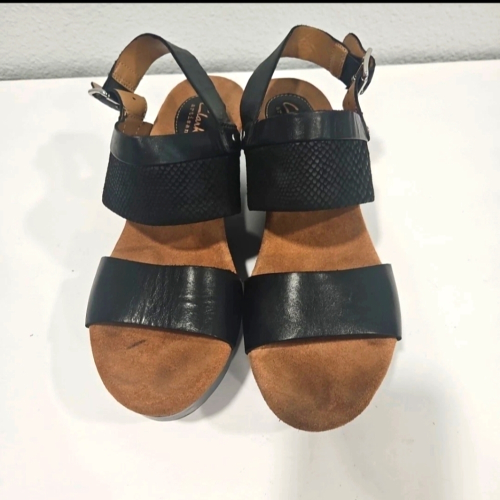 Clarks Black Leather Wedge Sandals with Buckle Strap - Picture 2 of 9